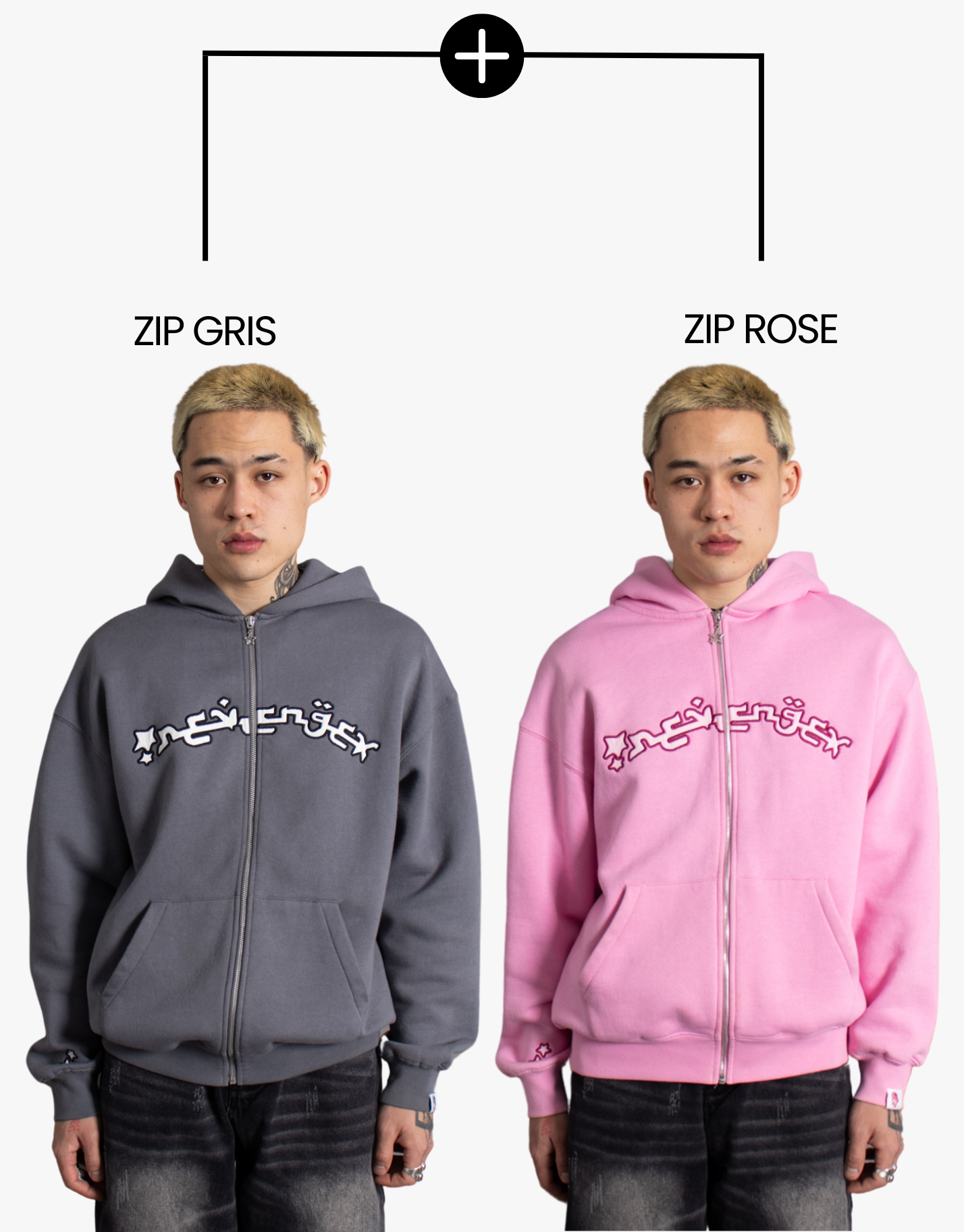 SWEAT ZIP GRIS + SWEAT ZIP ROSE