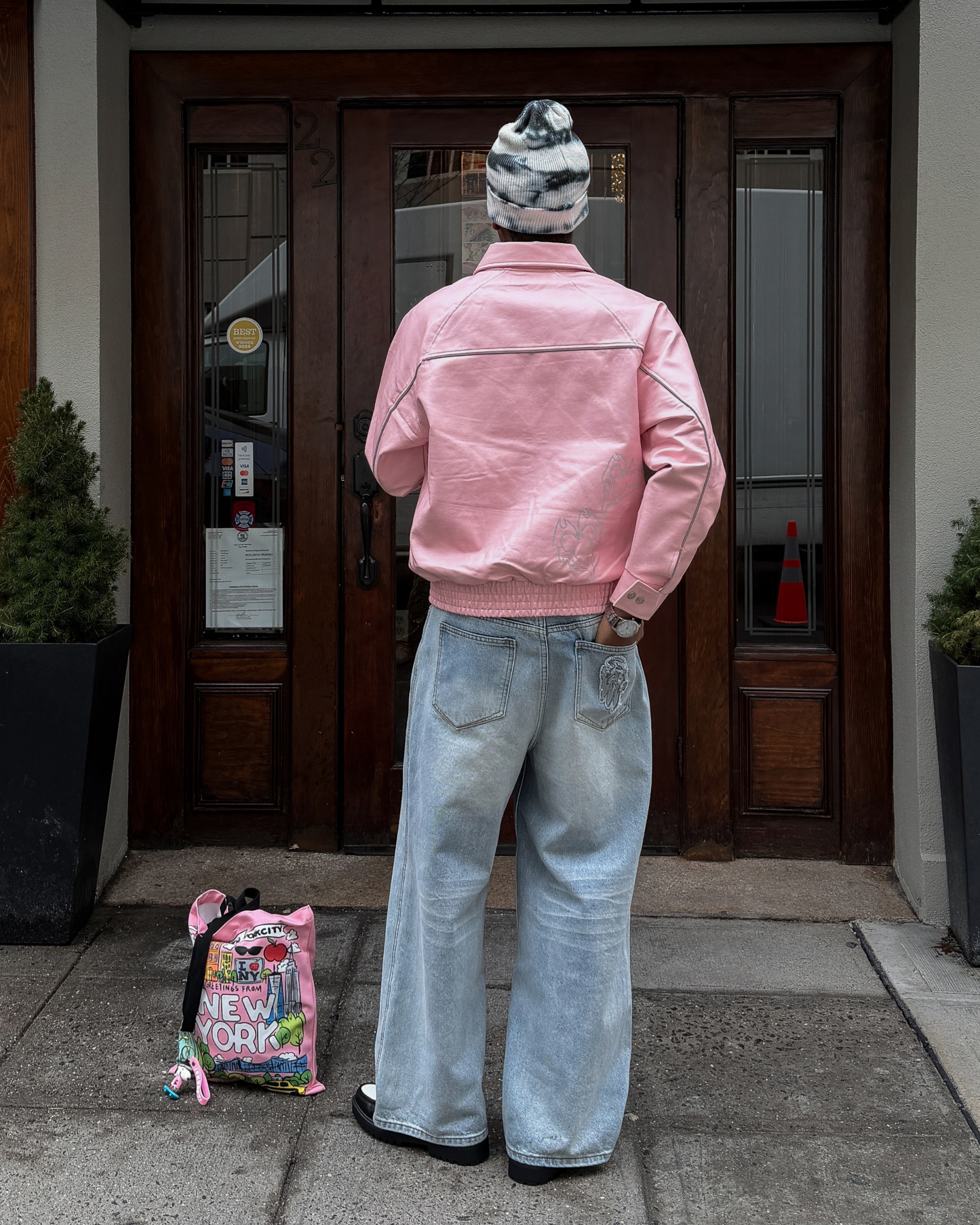 TENUE VESTE CUIR + JEAN BAGGY