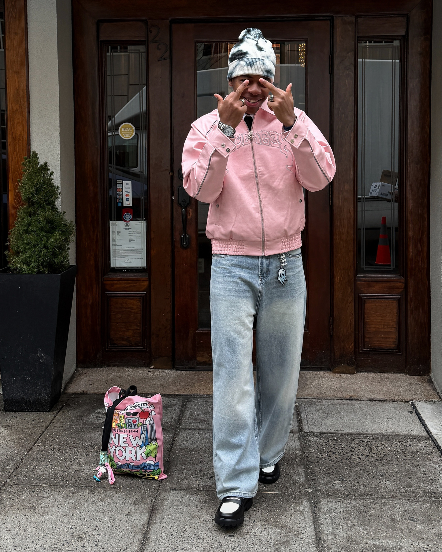 TENUE VESTE CUIR + JEAN BAGGY