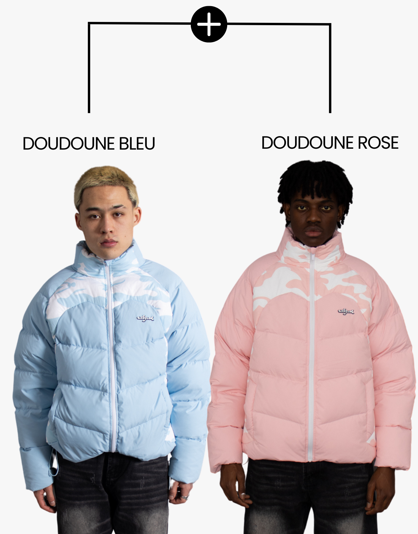 DOUDOUNE BLEUE + DOUDOUNE ROSE